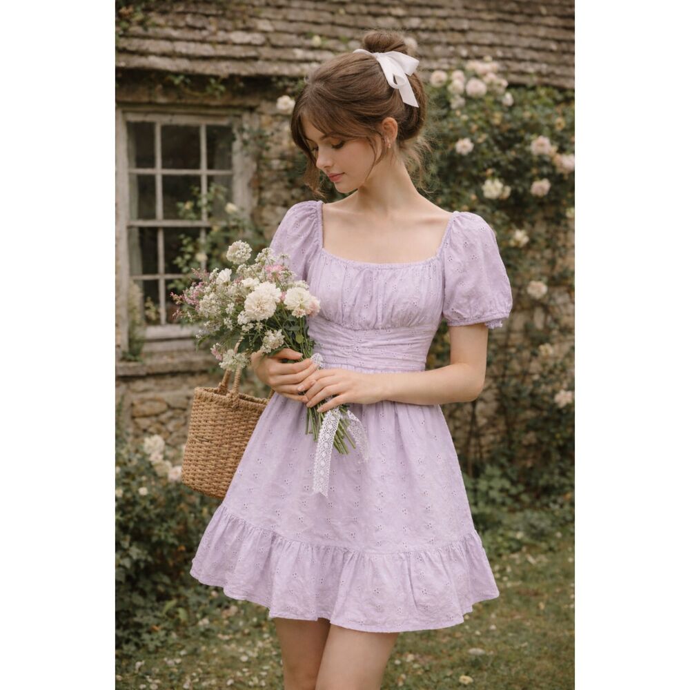 S Cotton Dress Lavender Whimsical Feminine Coquette Boho Cottagecore Puff Sleeve